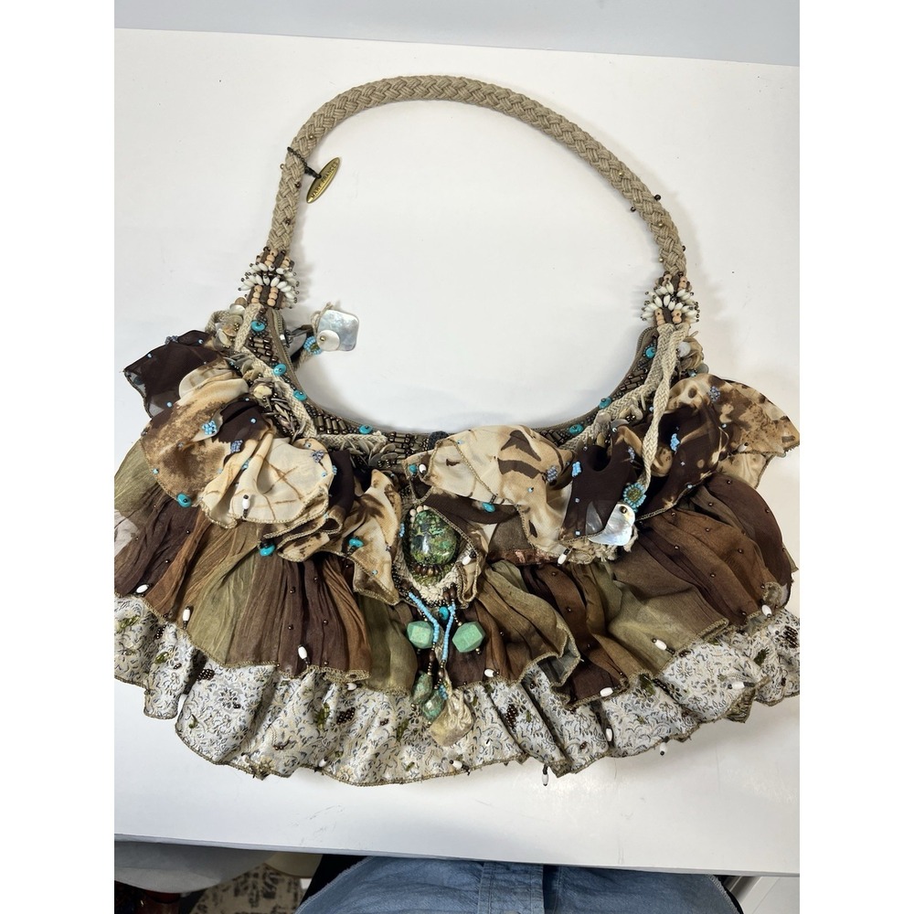 Mary Frances Beaded Tulle Ruffle Rope Handle HandBag Mother Pearl Earthtones